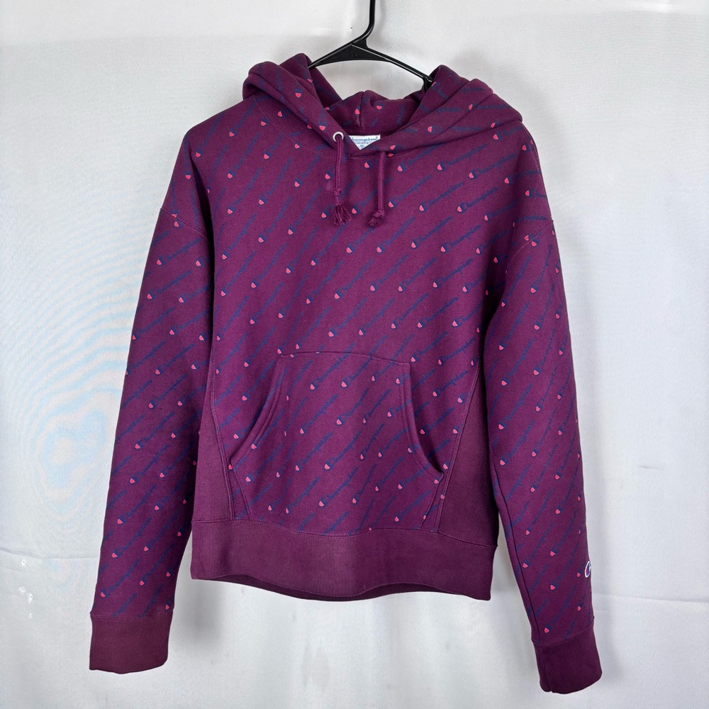 Champion Reverse Weave Hoodie Small Women's All Over Logo Print Burgundy Maroon